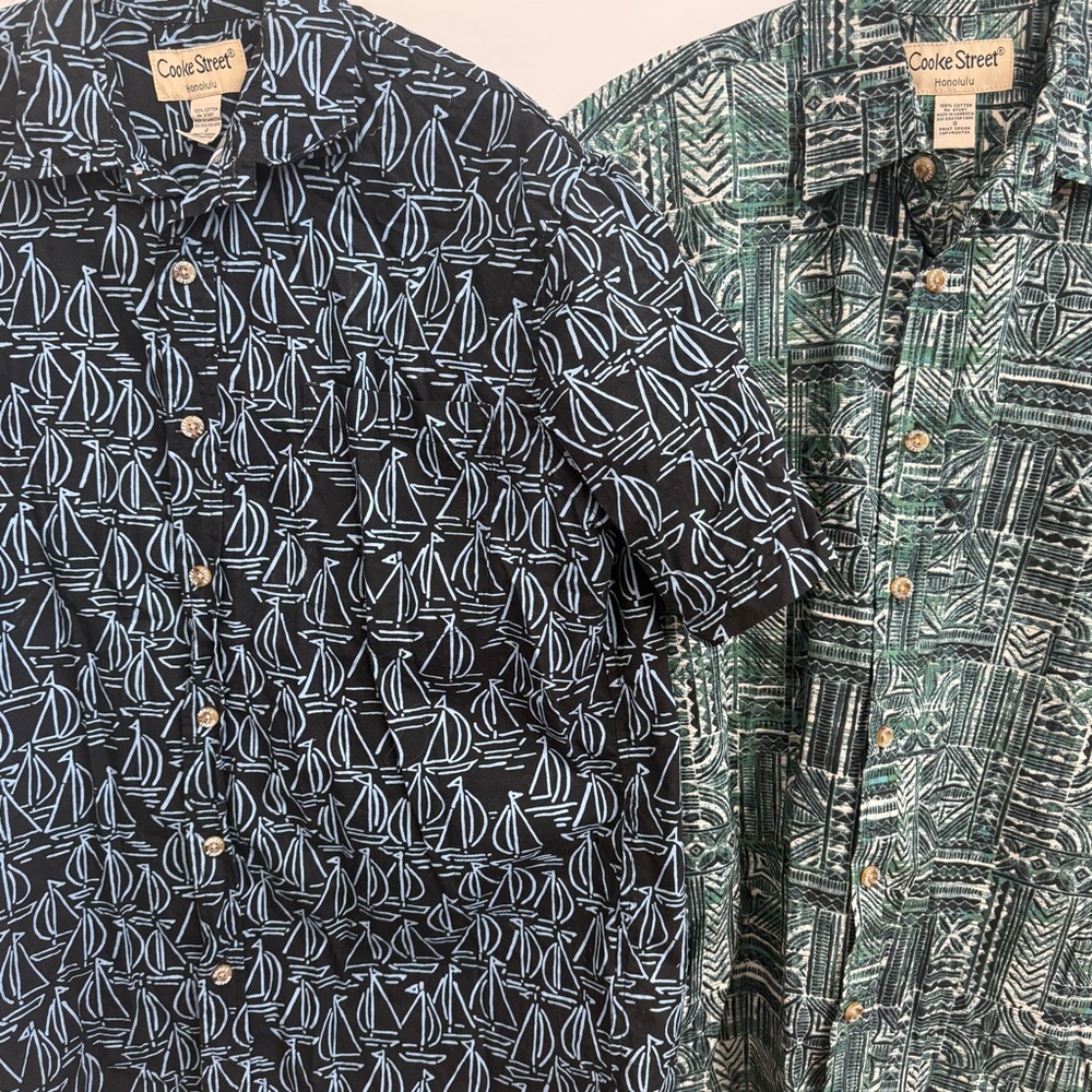 Set of 2 Cooke Street Honolulu Men's Blue and Green Patterned Hawaiian Shirts